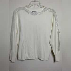 LIV Milano (Size L) Ivory White Stretch Viscose Blend Round Neckline LS Sweater